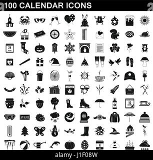 100 calendar icons set, simple style Stock Vector