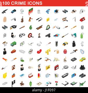 100 crime icons set, isometric 3d style Stock Vector
