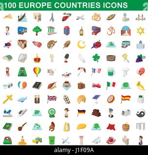 100 europe countries icons set, cartoon style Stock Vector