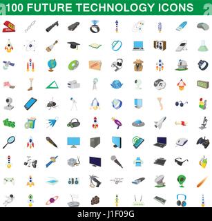 100 future technology icons set, cartoon style Stock Vector