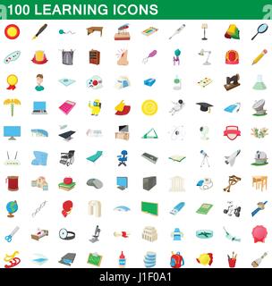 100 learning icons set, cartoon style Stock Vector