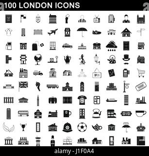 100 london icons set, simple style Stock Vector