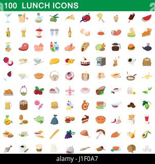 100 lunch icons set, cartoon style Stock Vector