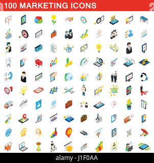 100 marketing icons set, isometric 3d style Stock Vector
