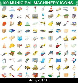 100 municipal machinery icons set, cartoon style Stock Vector