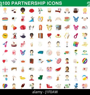 100 partnership icons set, cartoon style Stock Vector