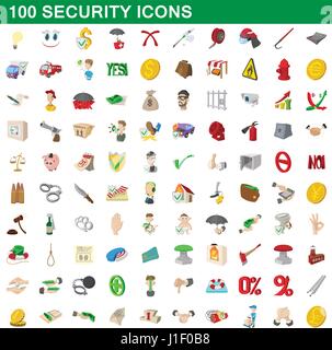100 security icons set, cartoon style Stock Vector