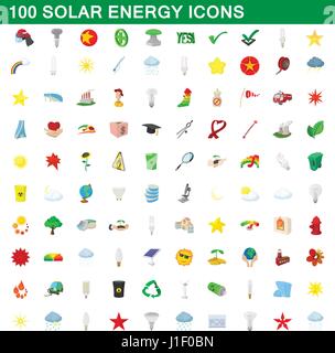 100 solar energy icons set, cartoon style Stock Vector