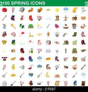 100 spring icons set, cartoon style Stock Vector