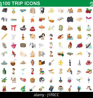 100 trip icons set, cartoon style Stock Vector