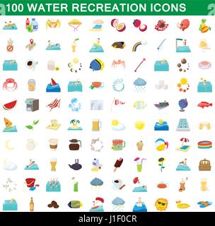 100 water recreation icons set, cartoon style Stock Vector