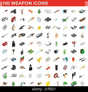 100 weapon icons set, isometric 3d style Stock Vector
