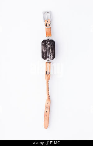 Handmade jewelry isolated on white background. cute bracelet made of stone and leather Stock Photo