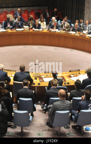 New York, USA. 20th Apr, 2017. The UN Security Council meets on Thursday to discuss issues relating to the Middle East, including Palestine. The meeting will talk about organizing terrorist groups such as Hizbullah and how the United Nations can help determine who the threats are to peace, who benefits from conflicts with terrorist groups and find peacemaking. (Photo by: Luiz Roberto Lima/Pacific Press) Credit: PACIFIC PRESS/Alamy Live News Stock Photo