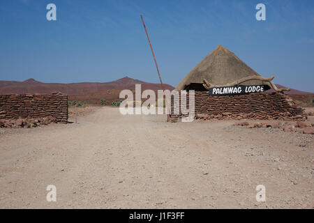 Entrance to the Palmwag Lodge in the wilderness of Damaraland in Namibia Stock Photo