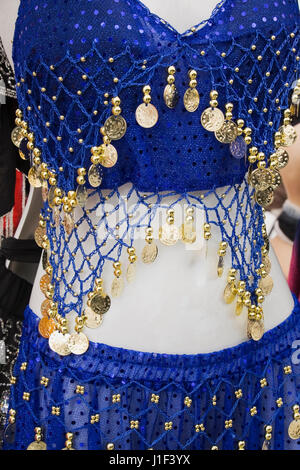 Close-up of a blue belly dancer's costume displayed on a mannequin for sale at an outdoor market, Byward Market, Ottawa, Ontario, Canada Stock Photo