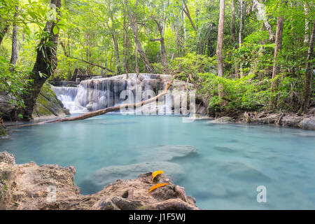 Scenery of Erawan waterfall in Thailand montage with wood floors. Stock Photo