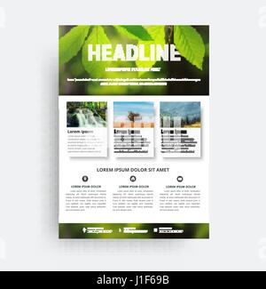 Design flyer A4. A brochure template with a photo of a leaf, a waterfall and a mountain landscape or for your photos. photo from a mosaic for a sample Stock Vector