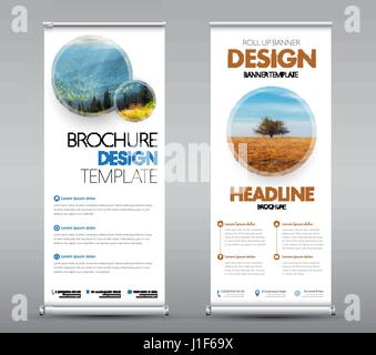 Templates roll up banners with round design elements with shadow for your photo or image. A set of vertical brochures with space for photo, text and i Stock Vector