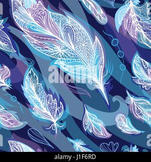 Seamless feather background hippie style in blue color for textile and paper design Stock Vector