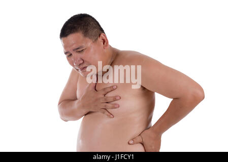 fat man suffering from heart attack or breathing difficulties isolated on white background Stock Photo