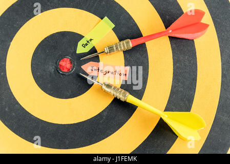 Words data integration with dart target run in to bullseye over dartboard background, Data integration concept Stock Photo