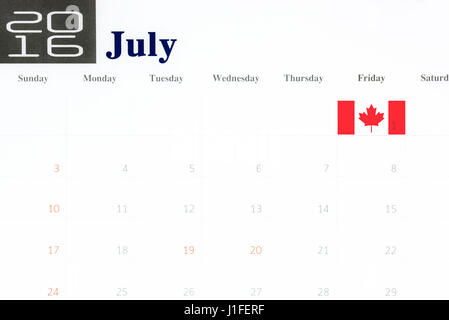 Canada flag over first of july on calendar 2016 Canada day, love Canada concept Stock Photo