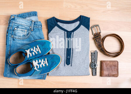 cool fashion casual men outfit on wooden background, trendy in summer, top view Stock Photo