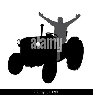 Successful happy farmer on tractor with hands up Stock Photo