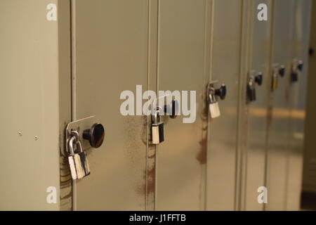 Beige lockers in locker room Stock Photo