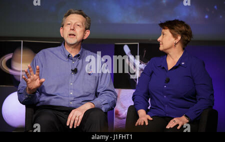 NASA Science Mission Directorate Planetary Science Division Director Jim Green (left) and NASA Headquarters Astrobiology Senior Scientist Mary Voytek discuss new findings on the moons of Jupiter and Saturn by NASAs Cassini mission researchers and the Hubble Space Telescope at the NASA Headquarters April 13, 2017 in Washington, DC.      (photo by Joel Kowsky /NASA  via Planetpix)