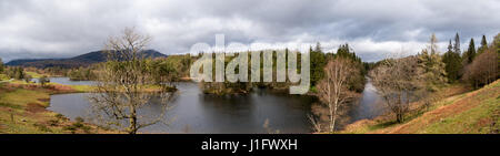 Panoramic of Tarn Hows in spring on a cloudy but sunny day, Lake District, Cumbria, England, UK Stock Photo