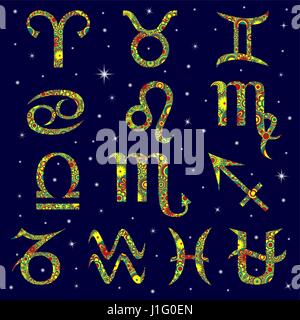 Set of twelve zodiac signs of traditional and other alternative thirteenth sign Ophiuchus, colorful flowers filling characters on a background dark bl Stock Vector