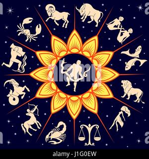 Twelve traditional silhouettes of zodiac signs around the Sun and one new alternative sign Ophiuchus in the center, vector illustration with backgroun Stock Vector