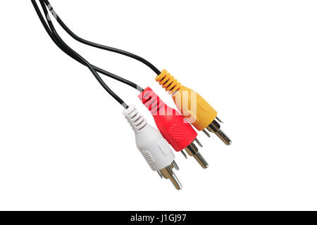 Black cable with set of color patchplugs on white background. Isolated with clipping path Stock Photo