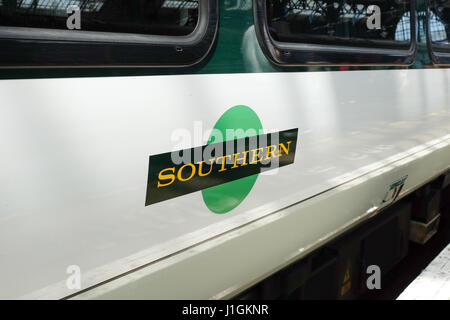 The logo of Southern rail shown on a train in Brighton, England. Stock Photo