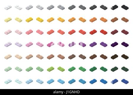 Children brick toy simple colorful bricks 2x1 low, isolated on white background Stock Vector