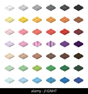 Children brick toy simple colorful bricks 2x2 low, isolated on white background Stock Vector