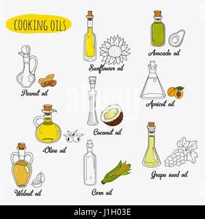 9 isolated doodle cooking oils. Mixed colored and outline Stock Vector