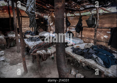 Temporary accommodation built by rose quartz artisanal miners at the mining site near Mzimba, Malawi Stock Photo
