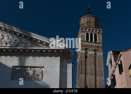 The leaning campanile of Santo Stefano church, Venice, viewed from Campo San Maurizio, Venice, Italy Stock Photo