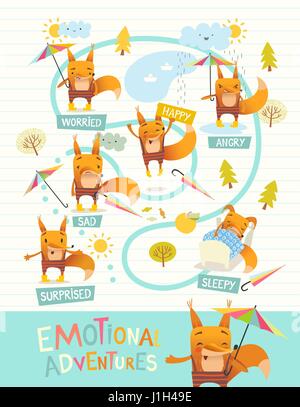 Funny fox with colorful umbrella expressing different emotions. Cartoon character s facial expressions. Emotional intelligence development concept. Vector illustration for banner, poster, website. Stock Vector