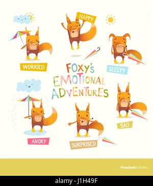 Foxy s emotional adventures. Cute cartoon fox in stripe pants expressing different feelings. Handling positive and negative emotions concept. Vector illustration for educational banner, postcard. Stock Vector