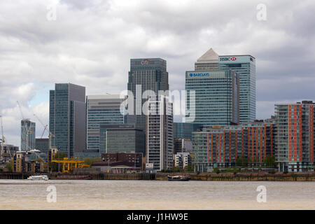 General View GV of Canary Wharf, a major business district located in E14, Tower Hamlets, East London. It is one of the United Kingdom's two main fina Stock Photo