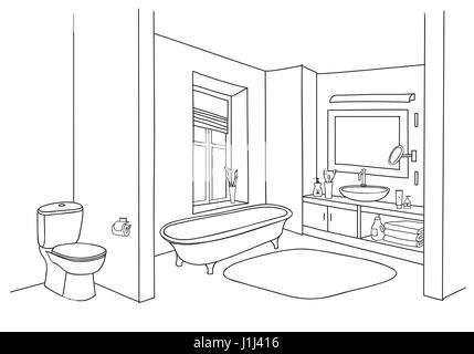 Bathroom interior sketch. Room view with doodle drawn furniture Stock Vector