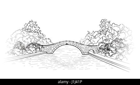 Bridge in park view. city garden lanscape.  Engraving retro nature skyline. Doodle line art illustration. Stock Vector