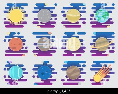 Solar system icons - planets, comet, satellite of the planets flat illustration Stock Vector