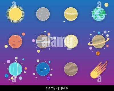 Solar system icons - planets, comet, satellite of the planets flat illustration Stock Vector