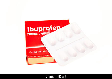 Retail packet of Ibuprofen tablets - white background Stock Photo