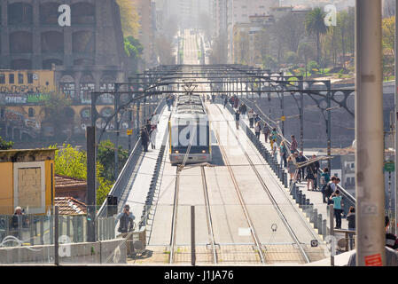 Bridge Porto Portugal, a metro train on the upper level of the Dom Luis bridge crosses the Douro River in the centre of Porto (Oporto), Portugal. Stock Photo